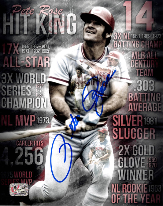 Pete Rose Cincinatti Reds Autographed Stat Edit 8"x10" Photo - Rose Hologram